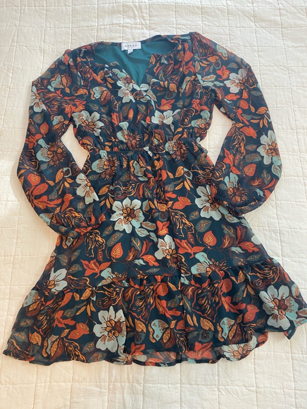 Gilli Floral V-Neck Mini Dress with Rust Accents